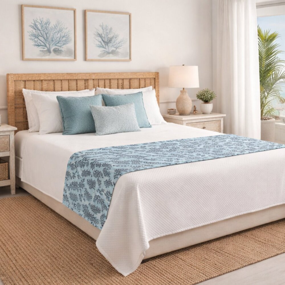 Coastal Beach Coral Reef Bed Runner Scarf for King Size Bed Blue